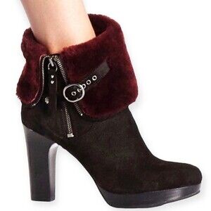 UGG Pure Scarlet Suede Leather Shearling Cuffs Foldover Women’s Ankle Boots